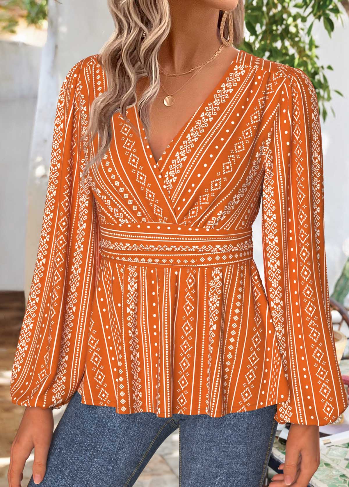 Terracotta Tummy Coverage Tribal Print Long Sleeve Blouse | picture 