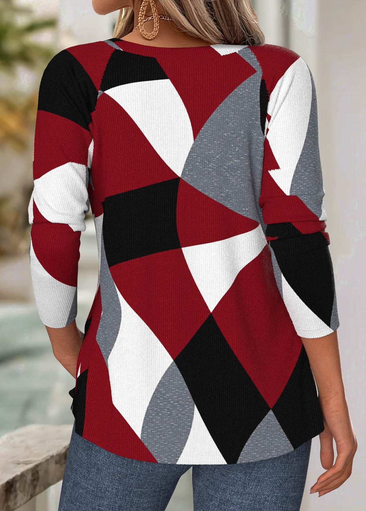 Wine Red Tummy Coverage Geometric Print T Shirt | picture 