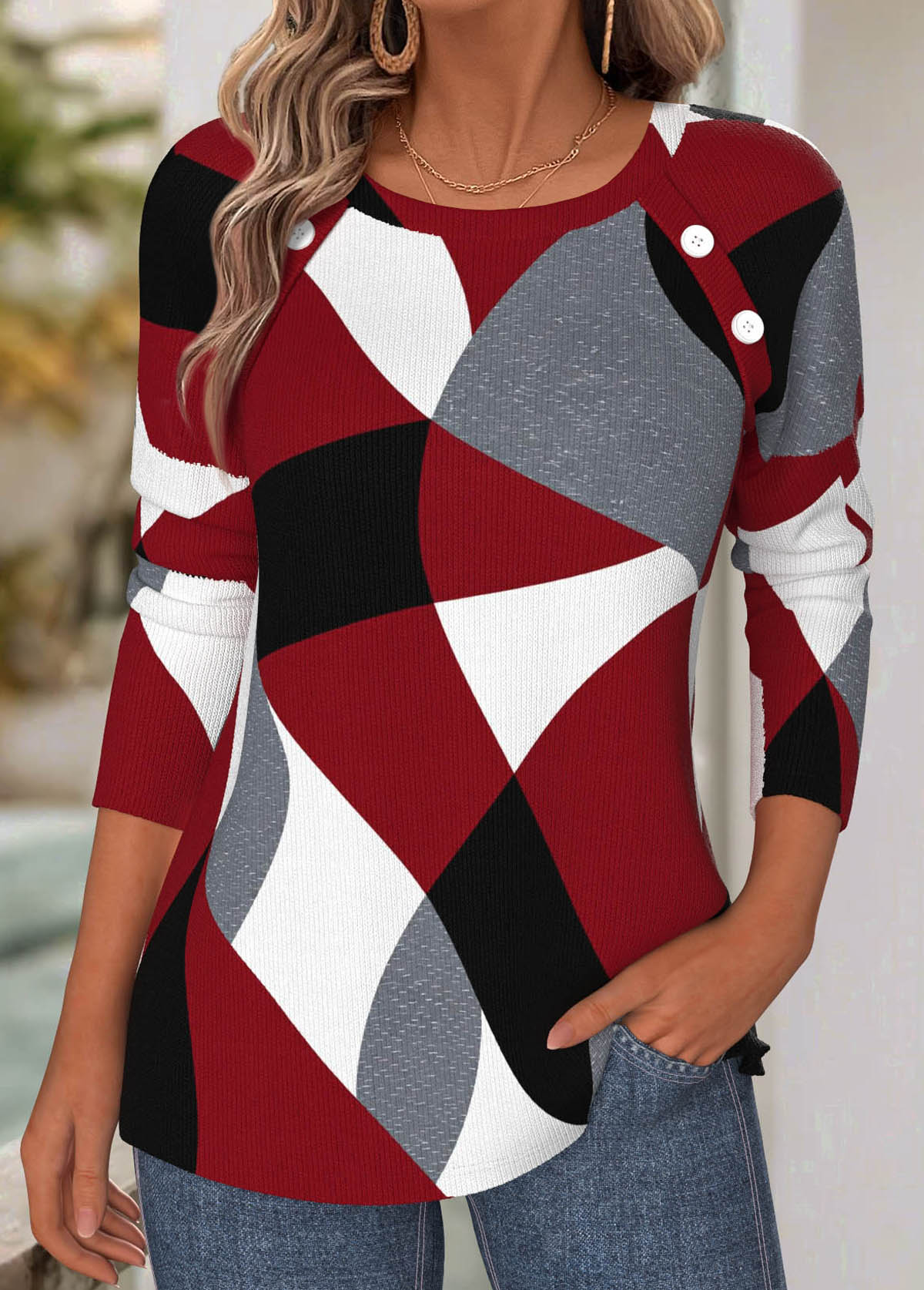 Wine Red Tummy Coverage Geometric Print T Shirt | picture 