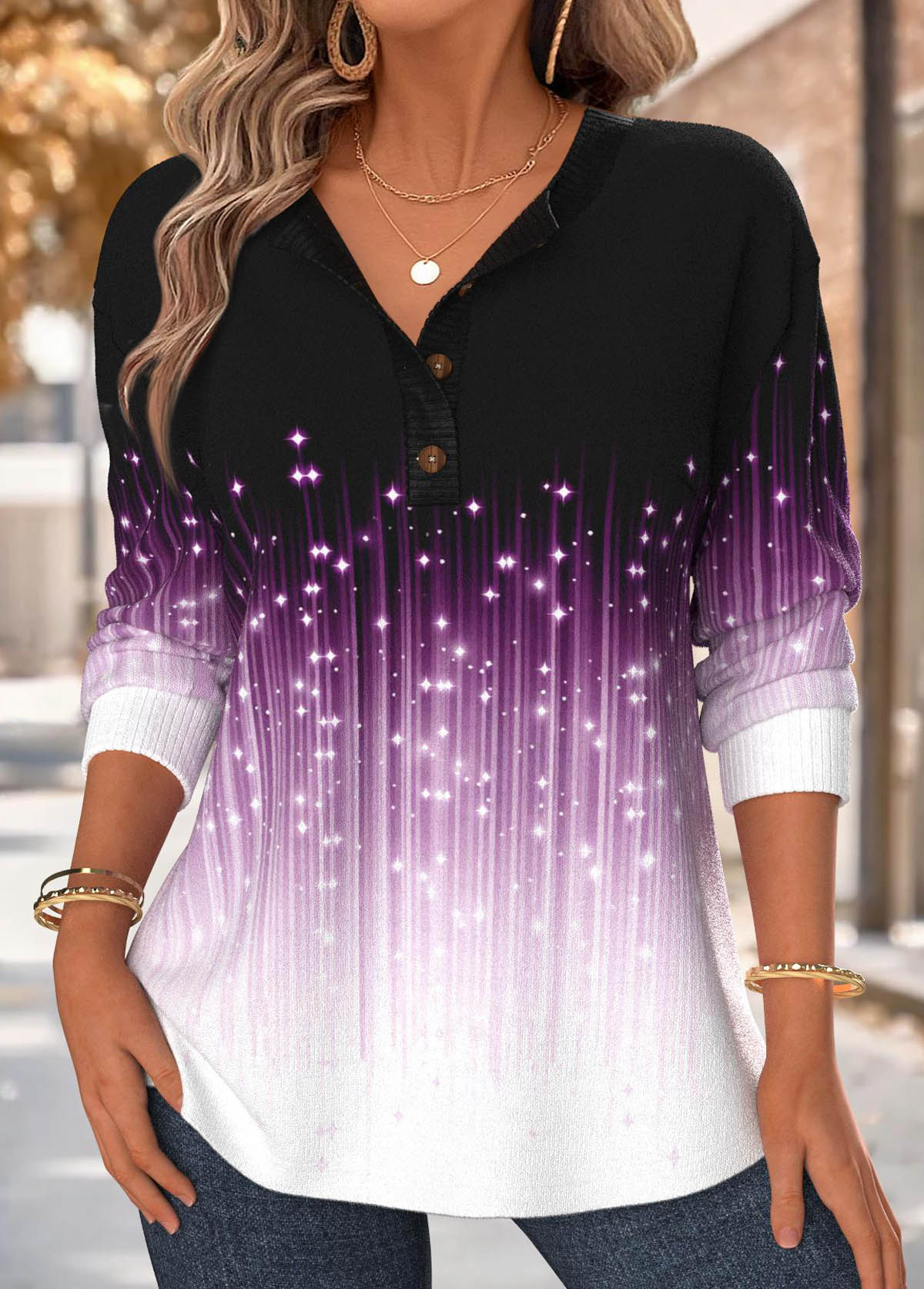 Violet Tummy Coverage Ombre Long Sleeve Split Neck Sweatshirt | picture 