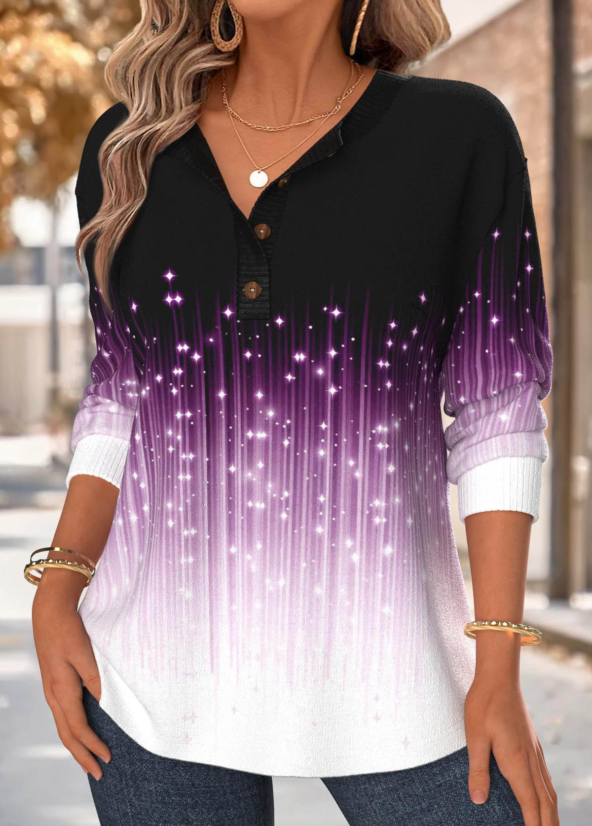 Violet Tummy Coverage Ombre Long Sleeve Split Neck Sweatshirt | picture 