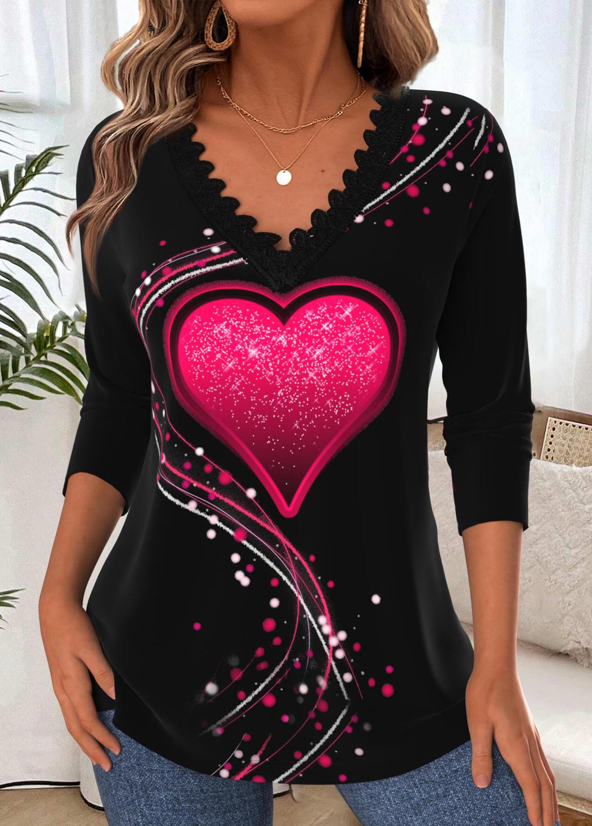 Black Tummy Coverage Geometric Print Long Sleeve T Shirt | picture 