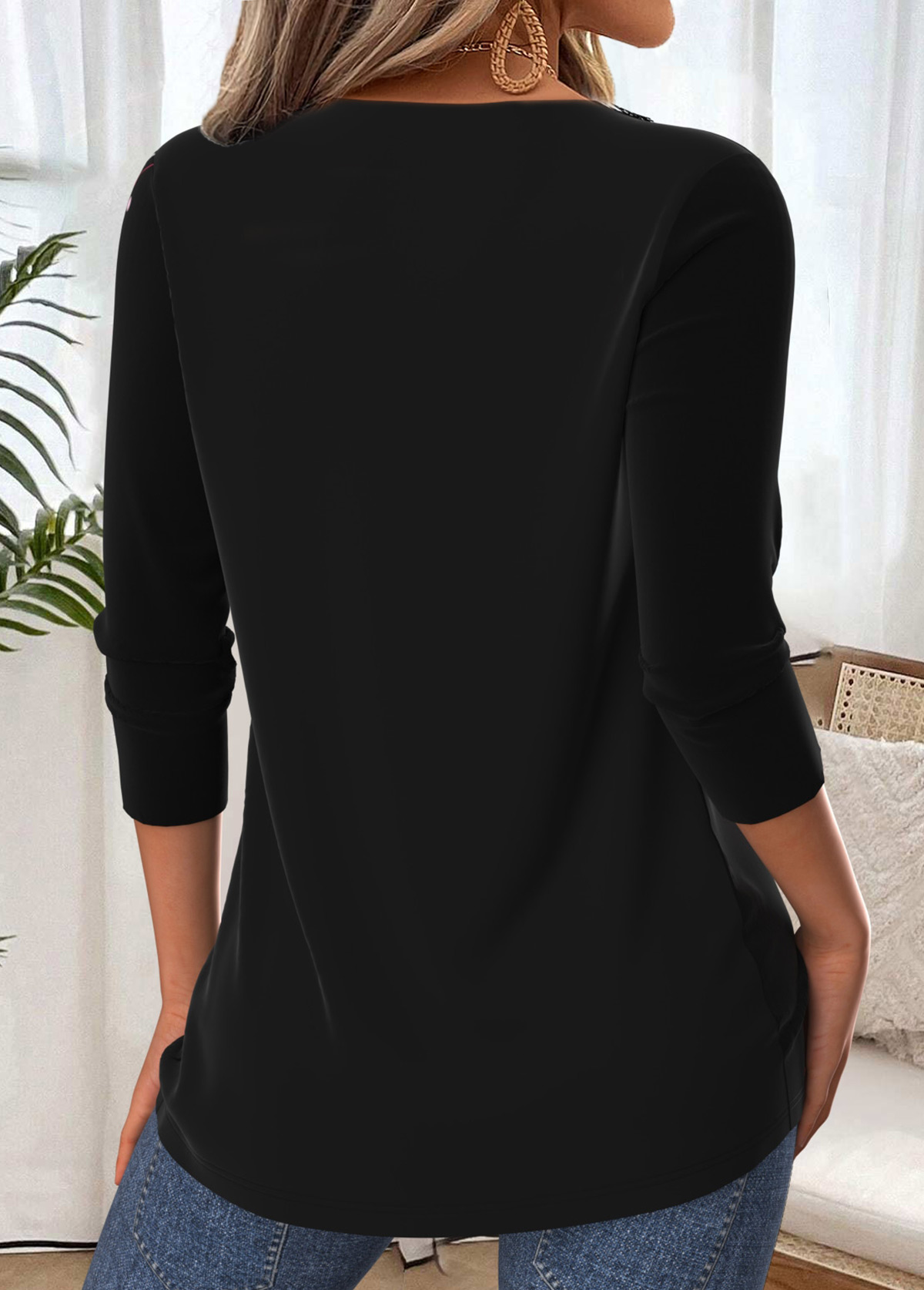 Black Tummy Coverage Geometric Print Long Sleeve T Shirt | picture 