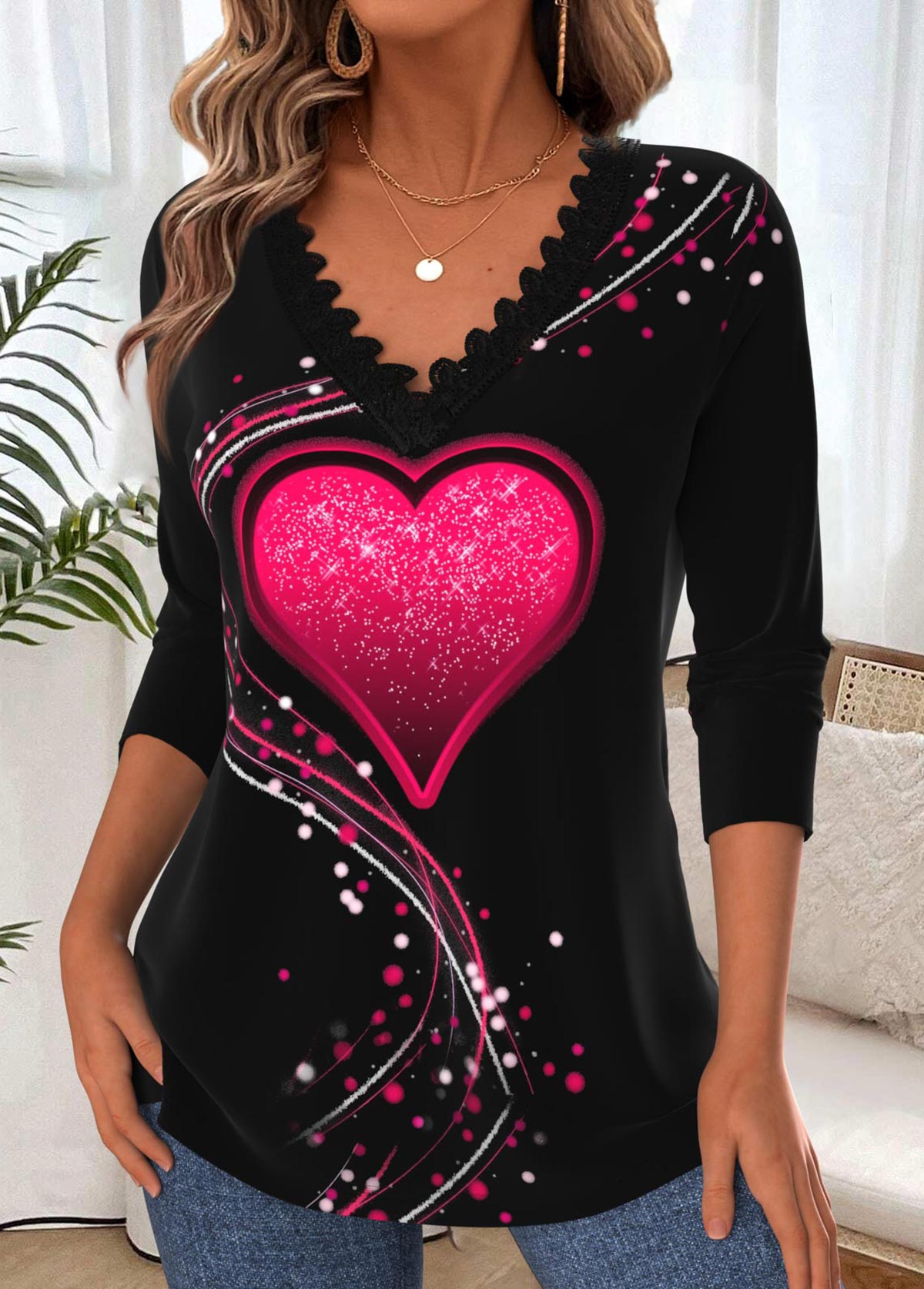 Black Tummy Coverage Geometric Print Long Sleeve T Shirt | picture 