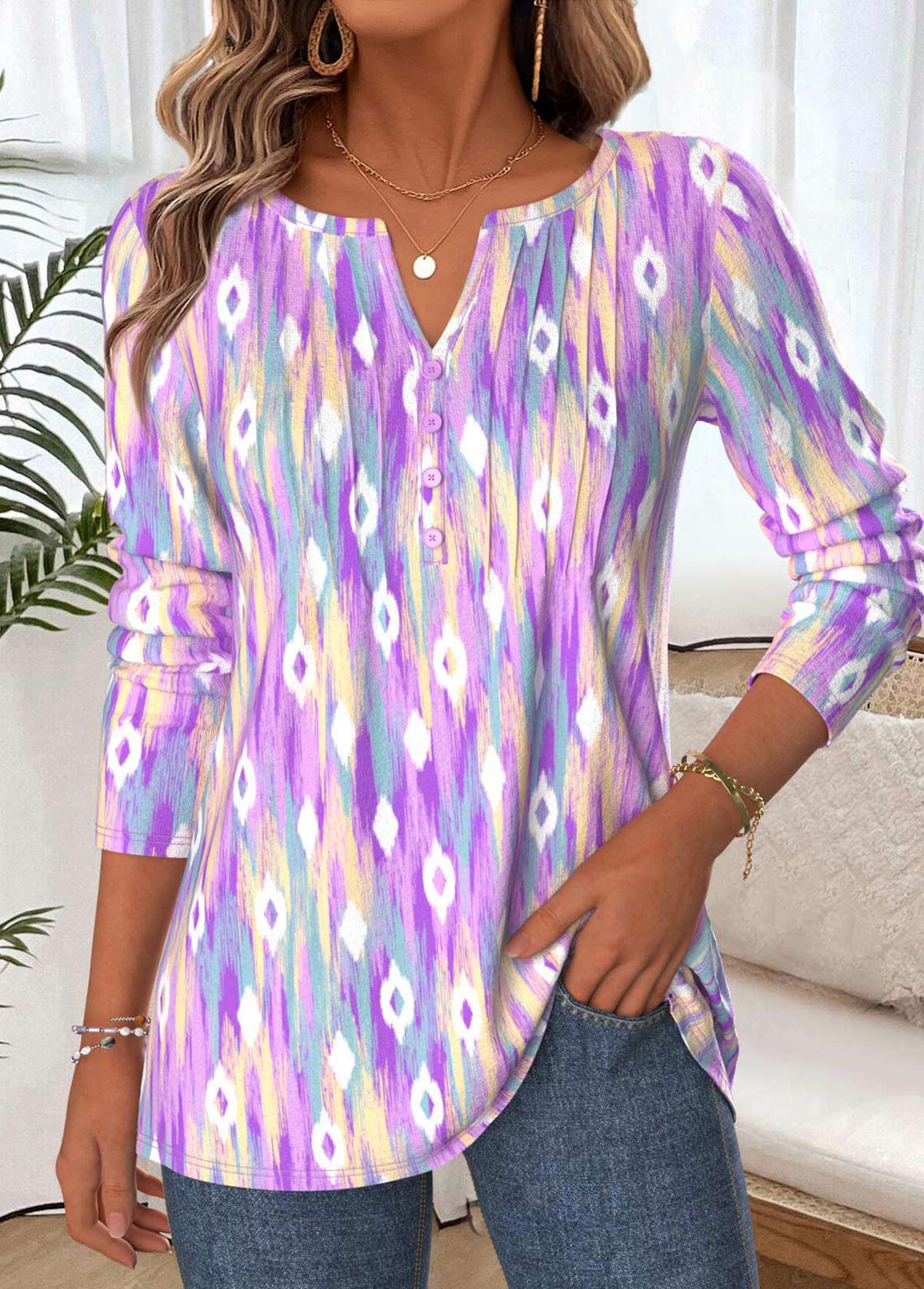 Multi Color Tummy Coverage Tribal Print T Shirt | picture 