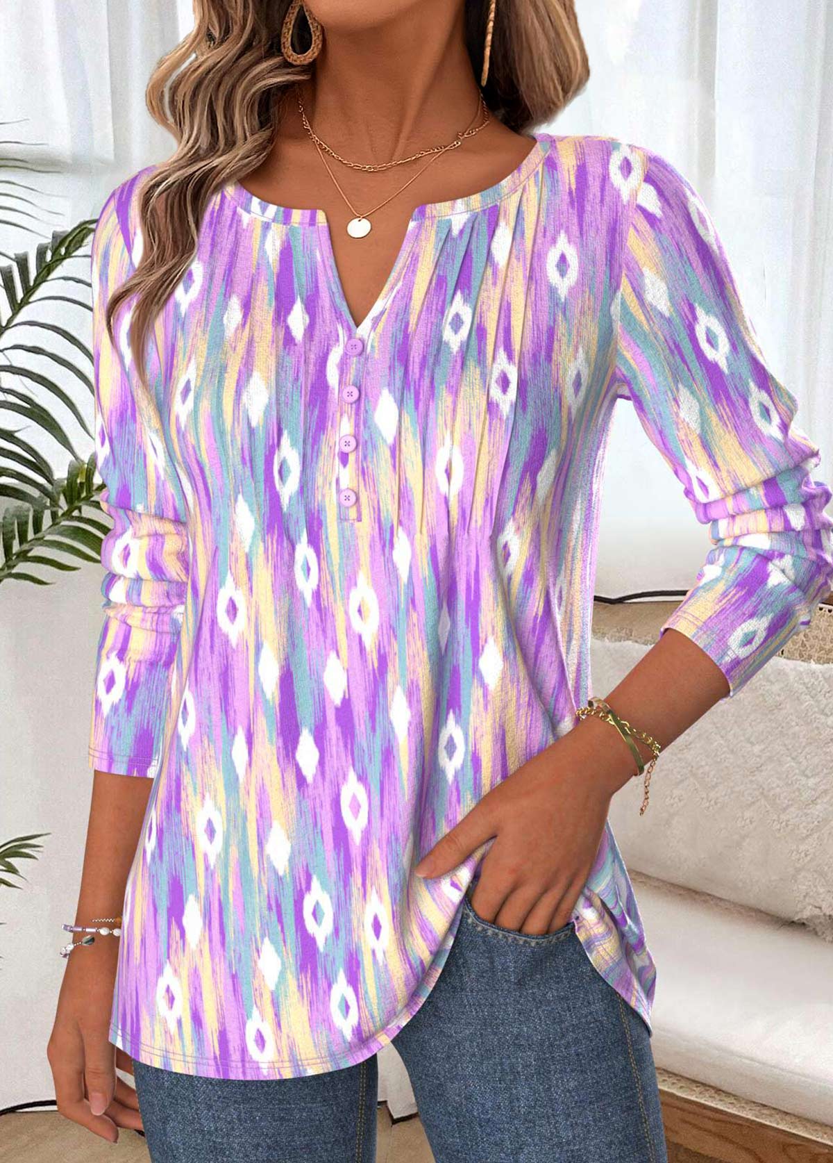 Multi Color Tummy Coverage Tribal Print T Shirt | picture 