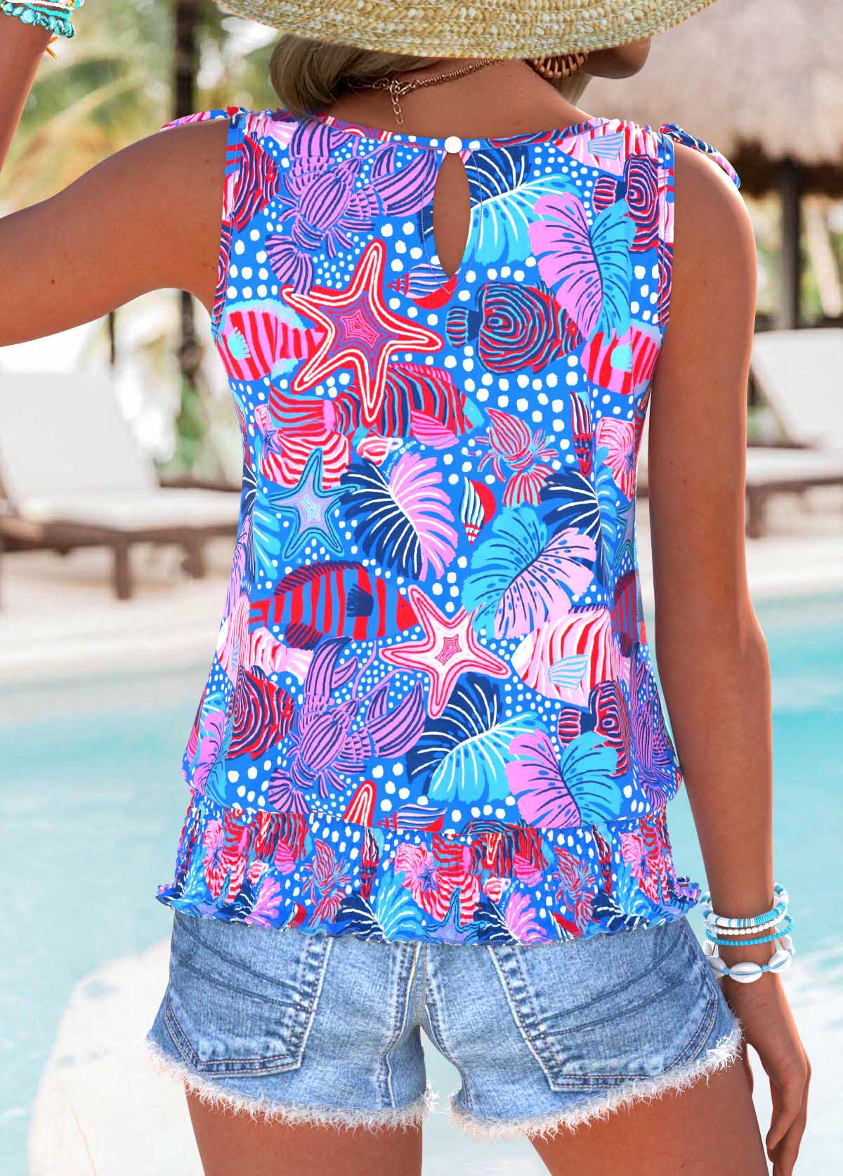 Multi Color Tummy Coverage Marine Life Print Tank Top | picture 