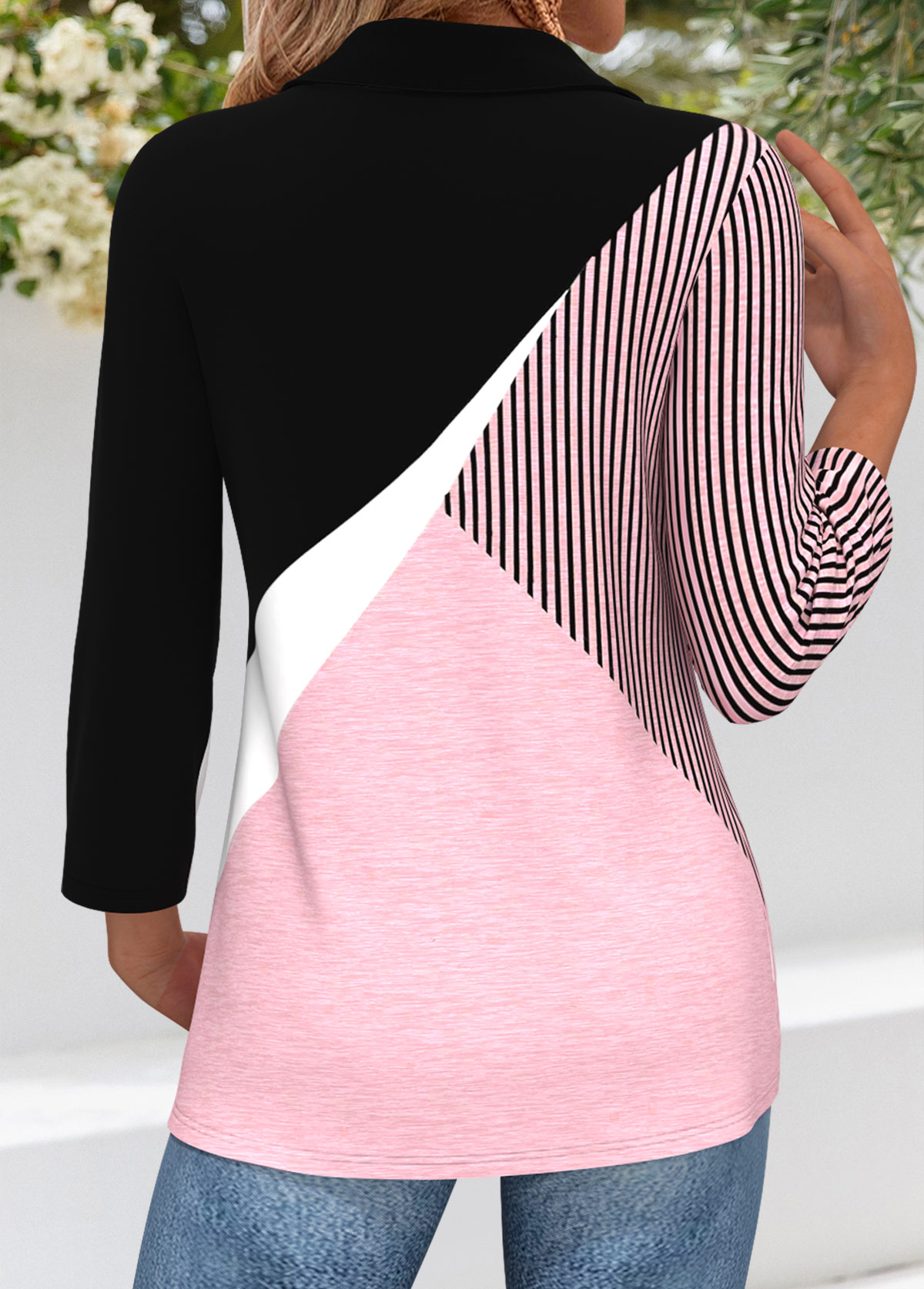 Light Pink Fake 2in1 Geometric Print 3/4 Sleeve Blouse | picture 