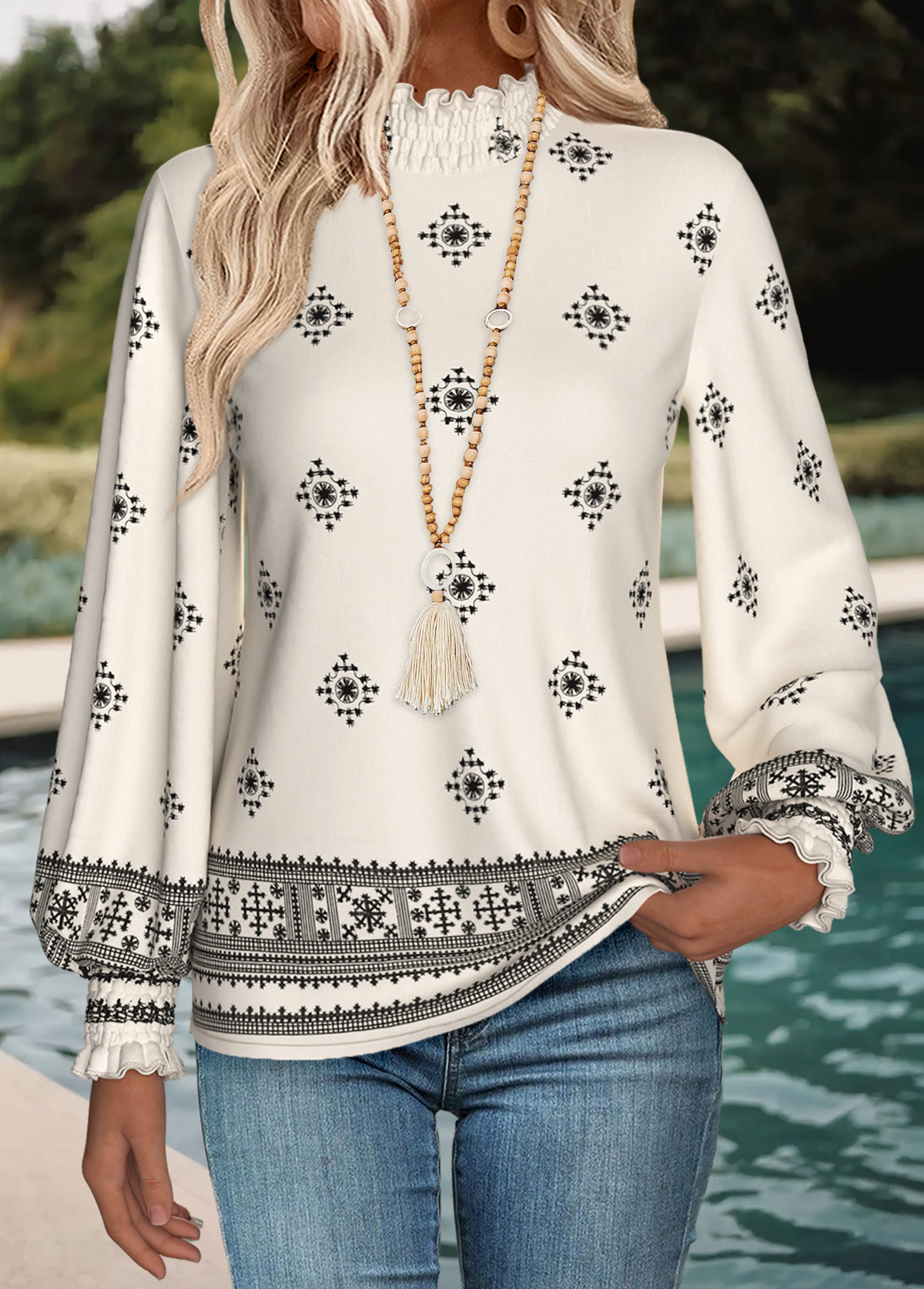 Beige Patchwork Tribal Print Long Sleeve T Shirt | picture 