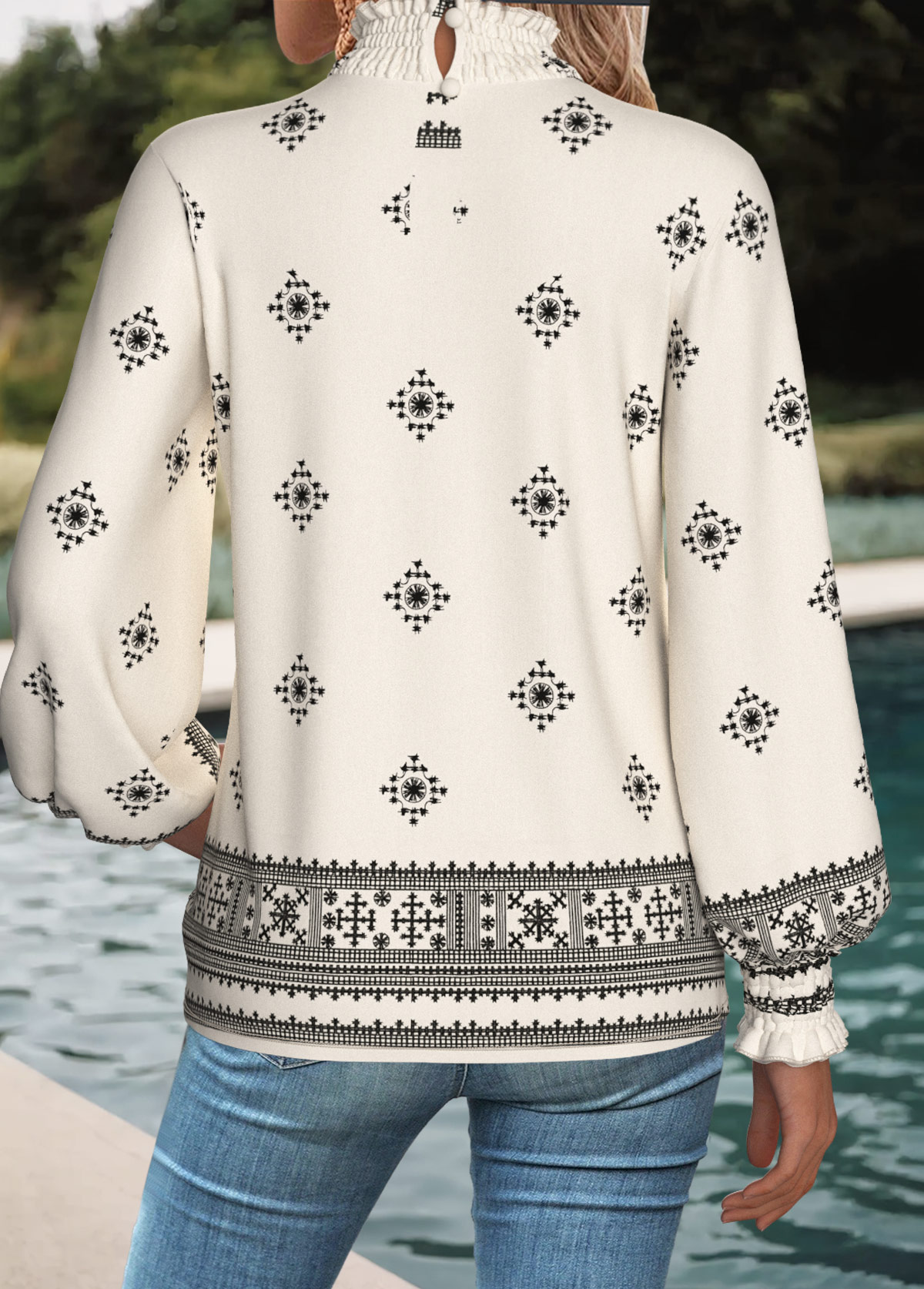 Beige Patchwork Tribal Print Long Sleeve T Shirt | picture 
