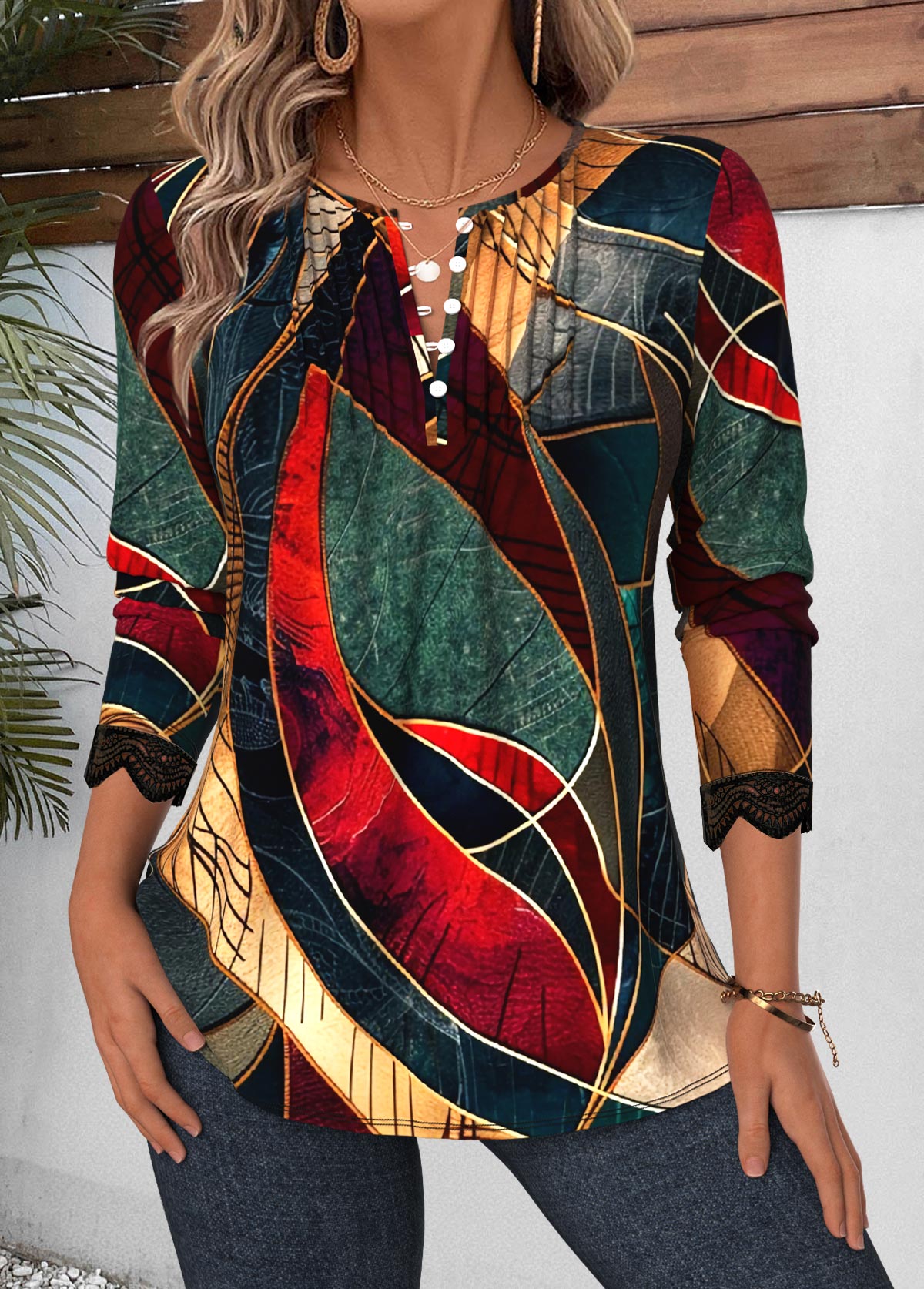 Multi Color Tuck Stitch Tribal Print Long Sleeve Blouse | picture 