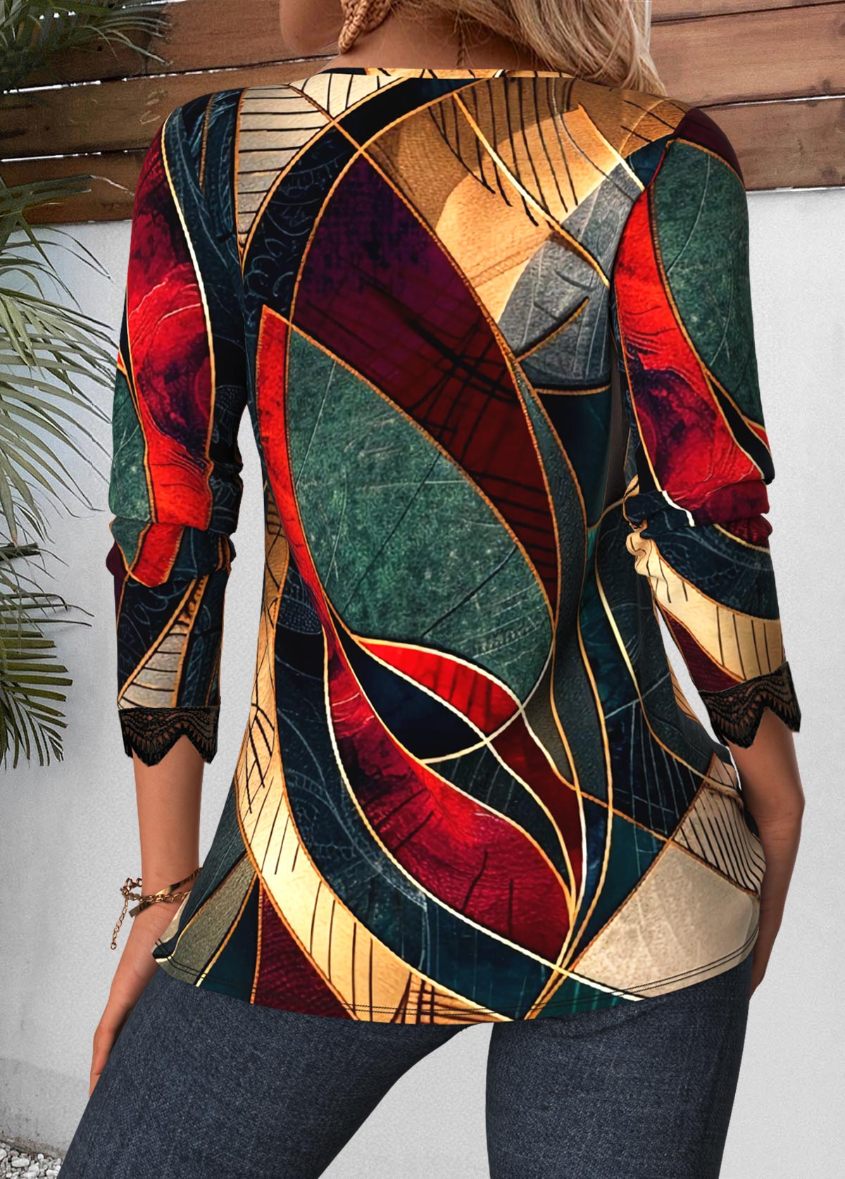 Multi Color Tuck Stitch Tribal Print Long Sleeve Blouse | picture 