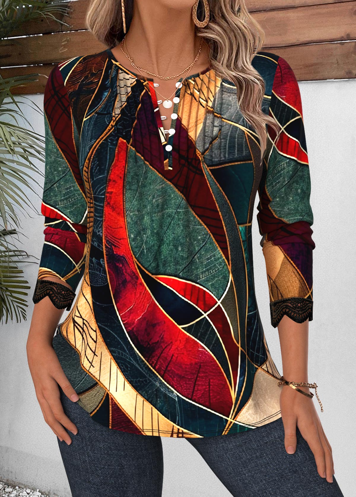 Multi Color Tuck Stitch Tribal Print Long Sleeve Blouse | picture 