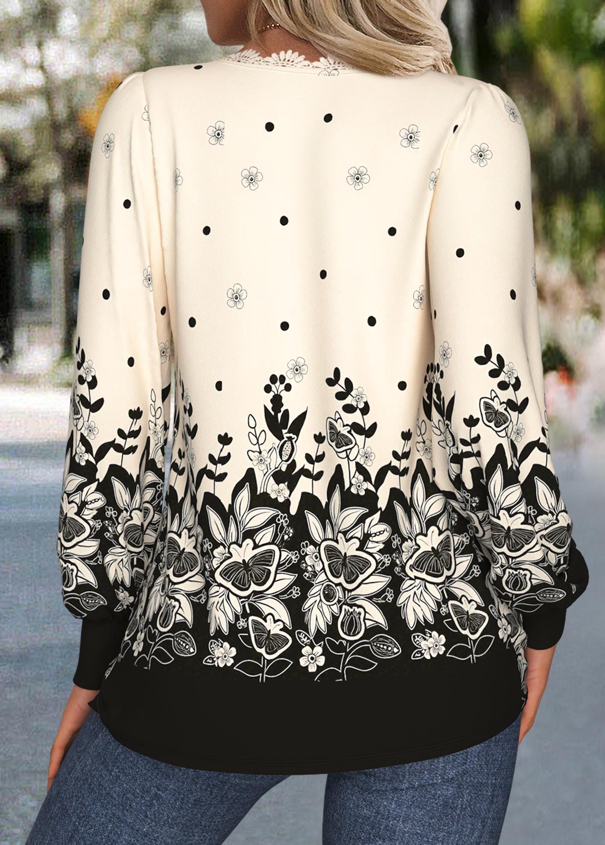 Beige Tuck Stitch Floral Print Long Sleeve T Shirt | picture 