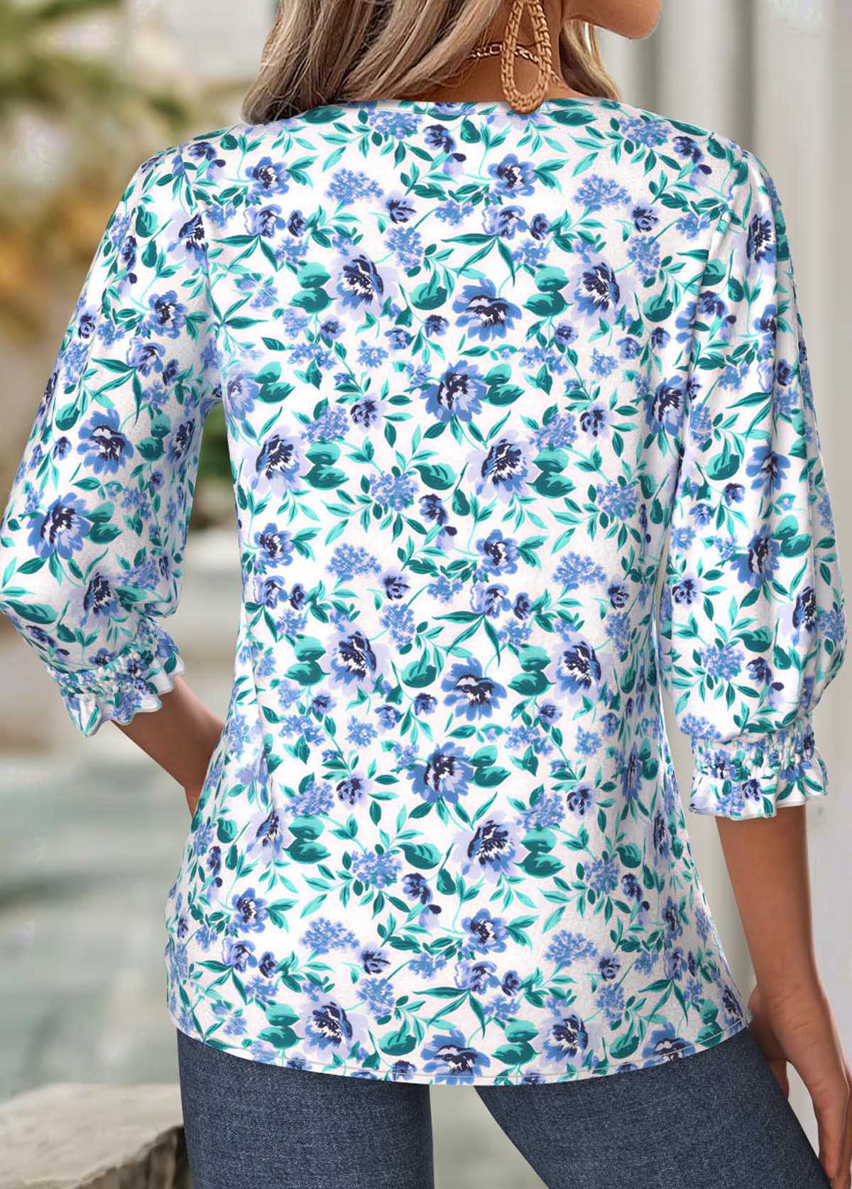 Dusty Blue Tummy Coverage Floral Print 3/4 Sleeve Blouse | picture 