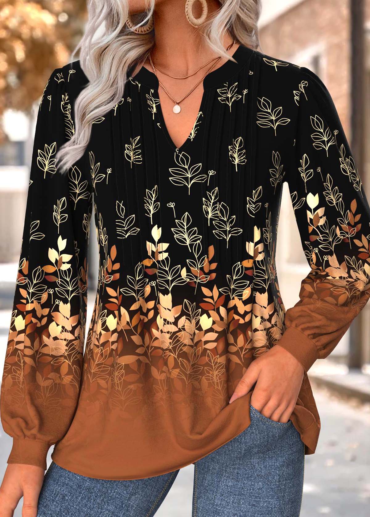 Dark Coffee Tummy Coverage Floral Print Long Sleeve Blouse | picture 