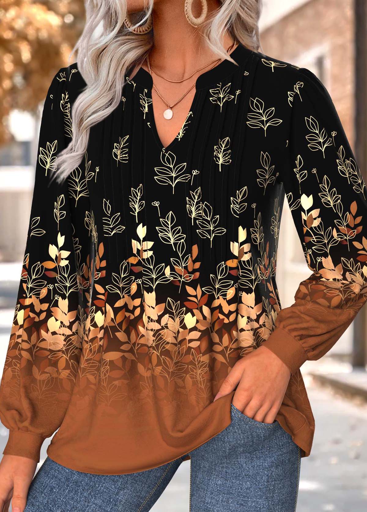 Dark Coffee Tummy Coverage Floral Print Long Sleeve Blouse | picture 