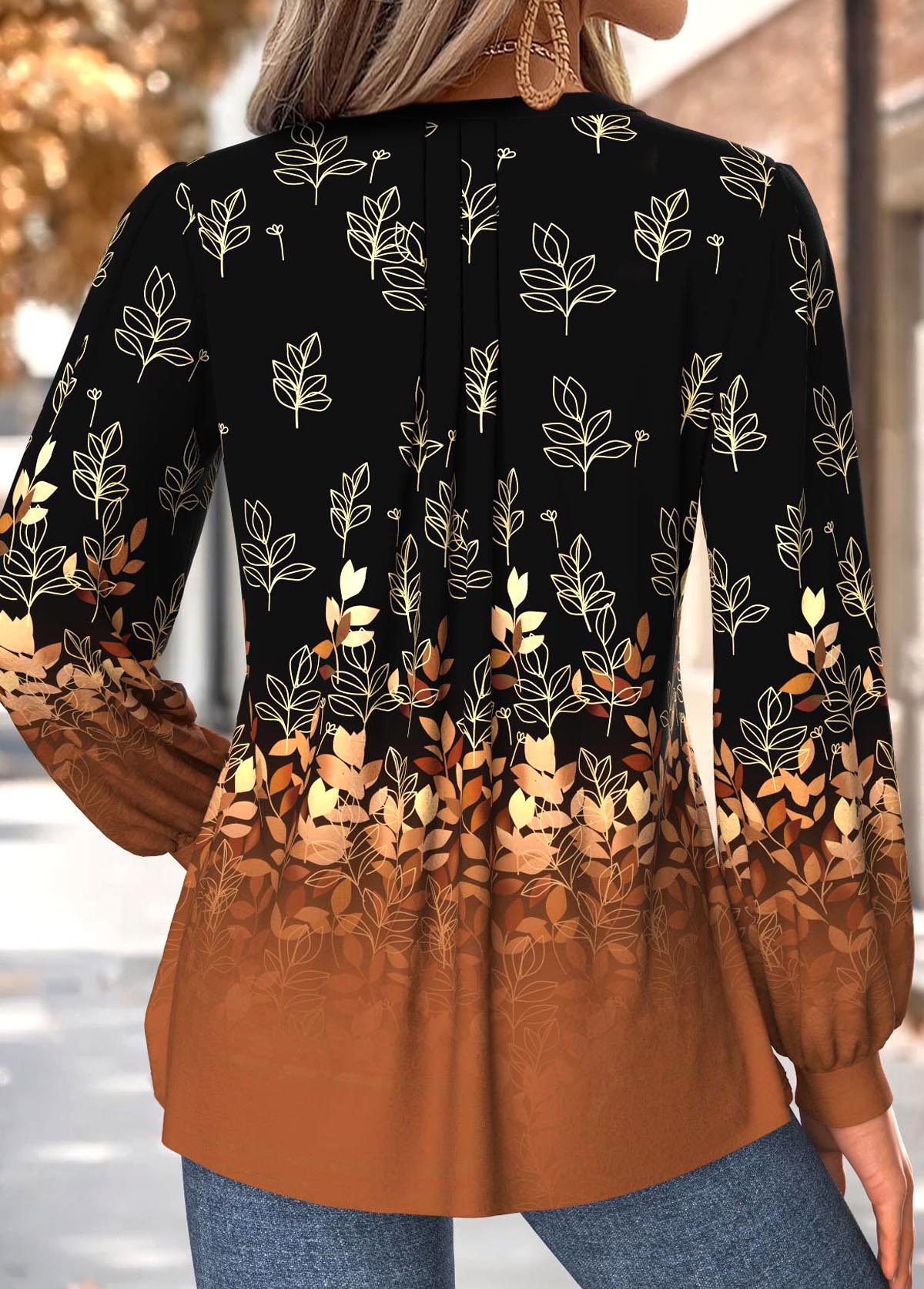Dark Coffee Tummy Coverage Floral Print Long Sleeve Blouse | picture 