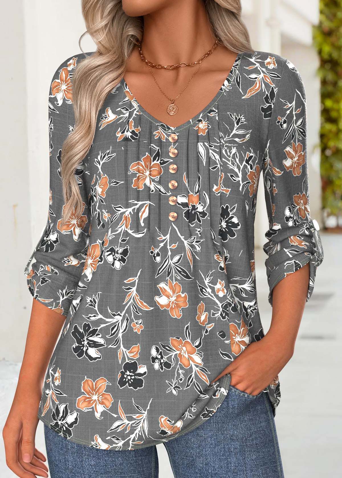 Dark Grey Tummy Coverage Floral Print Long Sleeve Blouse | picture 