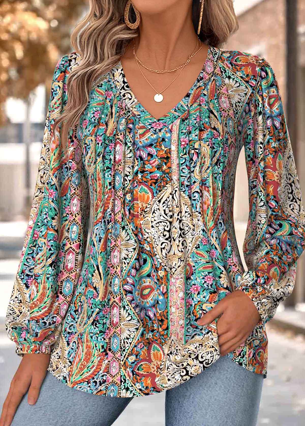 Multi Color Tummy Coverage Tribal Print Long Sleeve Blouse | picture 