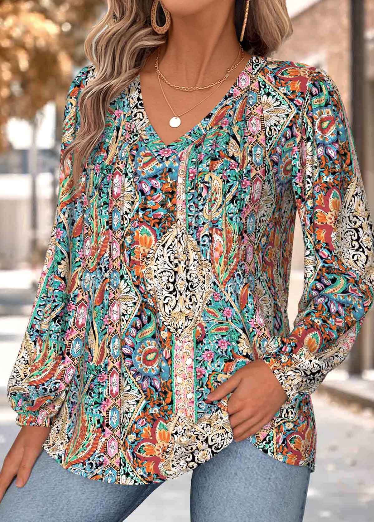 Multi Color Tummy Coverage Tribal Print Long Sleeve Blouse | picture 