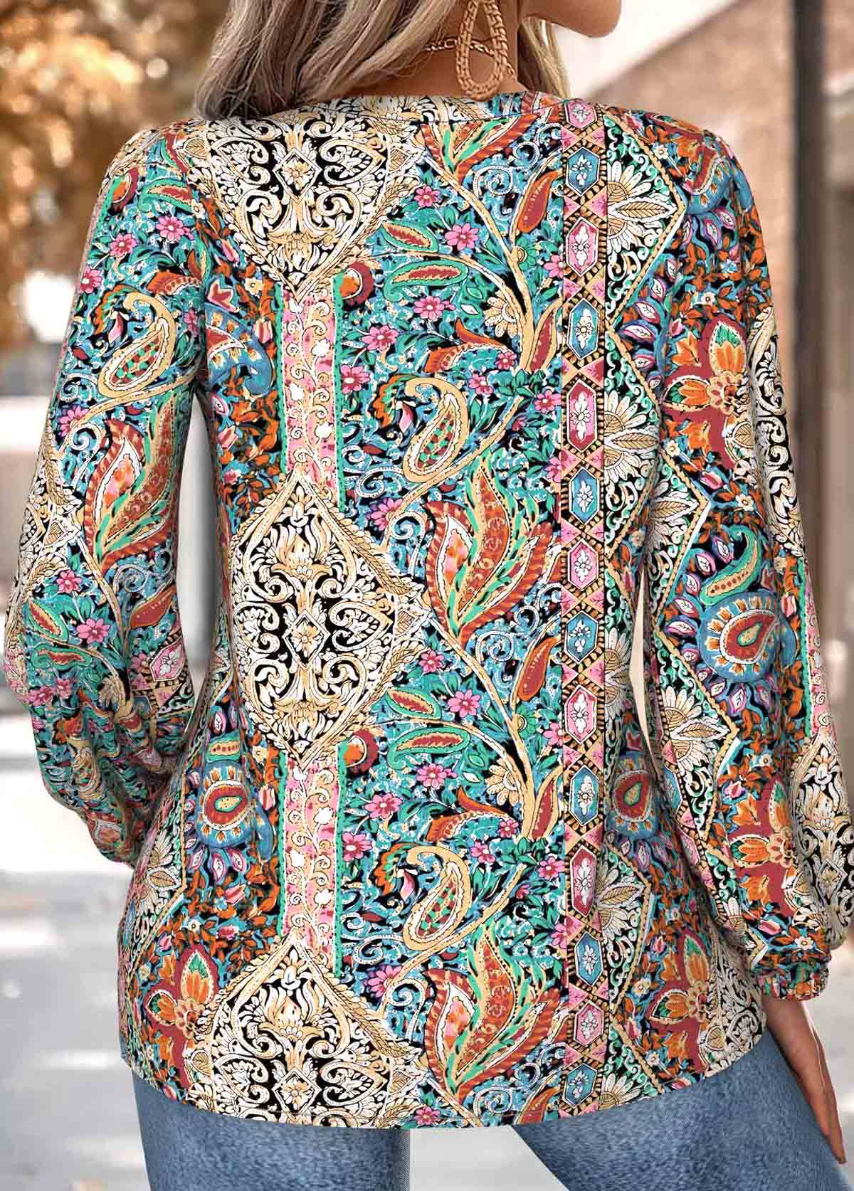 Multi Color Tummy Coverage Tribal Print Long Sleeve Blouse | picture 