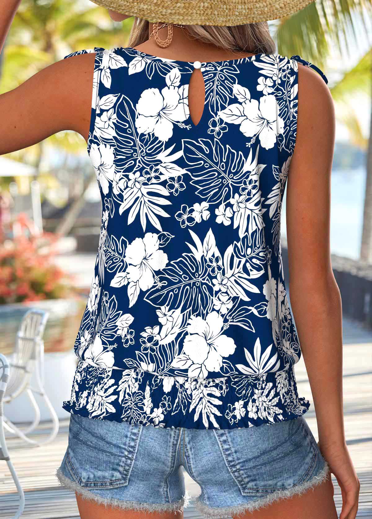 Navy Tummy Coverage Floral Print Sleeveless Tank Top | picture 
