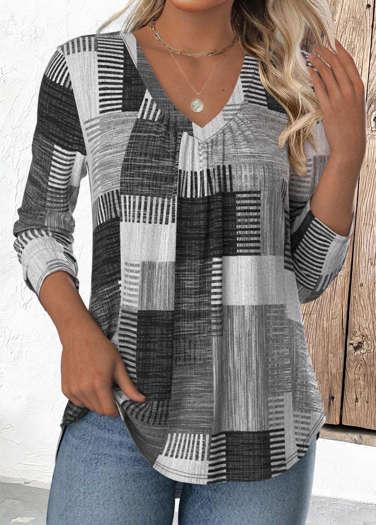 Grey Tummy Coverage Geometric Print Long Sleeve T Shirt | picture 