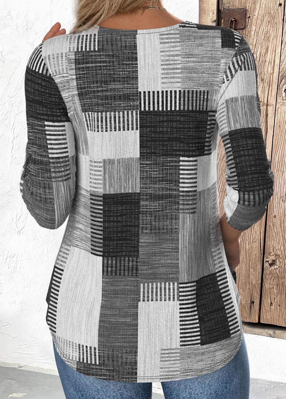 Grey Tummy Coverage Geometric Print Long Sleeve T Shirt | picture 