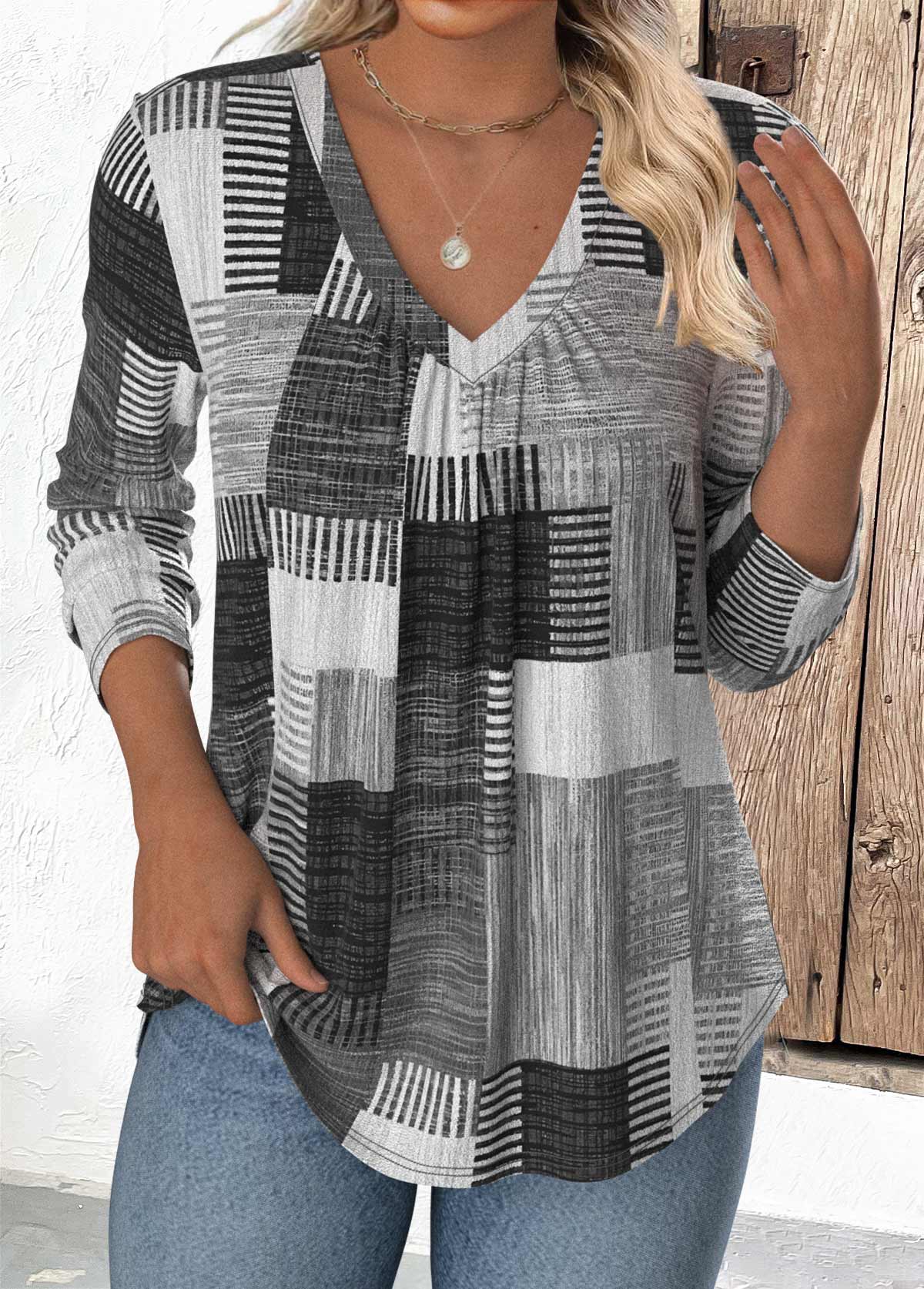 Grey Tummy Coverage Geometric Print Long Sleeve T Shirt | picture 