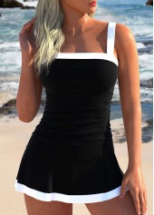 Contrast Binding Patchwork Black Tankini Set