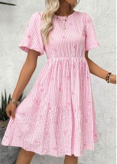 Light Pink Striped Asymmetry Short Sleeve Round Neck Dress | thumb picture 