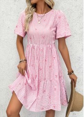 Light Pink Striped Asymmetry Short Sleeve Round Neck Dress | thumb picture 