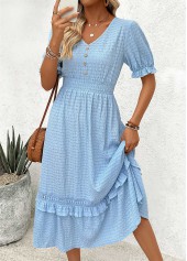 Blue Tummy Coverage Short Sleeve V Neck Dress