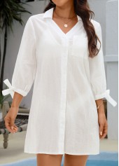Tie Beige Turn Down Collar Button Cover Up