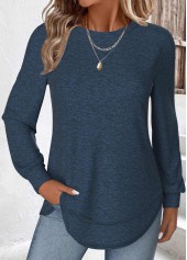 Peacock Blue Curved Hem Long Sleeve T Shirt