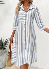 Blue Patchwork Striped 3/4 Sleeve Shirt Collar Dress