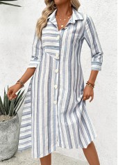 Blue Patchwork Striped 3/4 Sleeve Shirt Collar Dress | thumb picture 