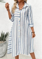 Blue Patchwork Striped 3/4 Sleeve Shirt Collar Dress | thumb picture 