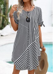 Black Tummy Coverage Striped Short Sleeve Round Neck Dress