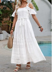 White Maxi Patchwork Belted Sleeveless Tie Collar Dress | thumb picture 