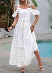 White Maxi Patchwork Belted Sleeveless Tie Collar Dress
