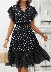 Black Polka Dot Patchwork Short Sleeve V Neck Dress