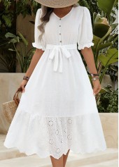 White Tummy Coverage Belted Short Sleeve V Neck Dress | thumb picture 