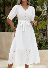 White Tummy Coverage Belted Short Sleeve V Neck Dress | thumb picture 