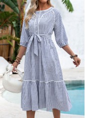 Navy Tummy Coverage Striped Belted 3/4 Sleeve Dress | thumb picture 