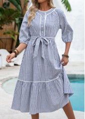 Navy Tummy Coverage Striped Belted 3/4 Sleeve Dress | thumb picture 