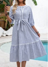 Navy Tummy Coverage Striped Belted 3/4 Sleeve Dress | thumb picture 