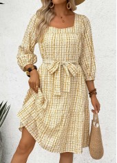Yellow Tummy Coverage Plaid Belted 3/4 Sleeve Dress | thumb picture 