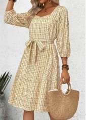 Yellow Tummy Coverage Plaid Belted 3/4 Sleeve Dress | thumb picture 